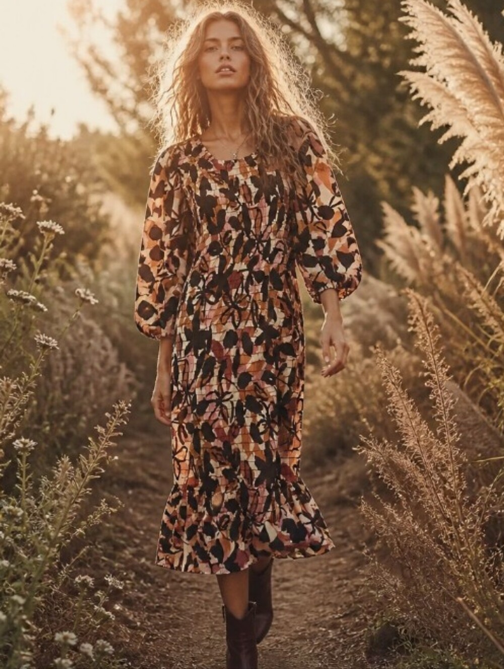 Smocked Floral Midi Dress in Brown Multi